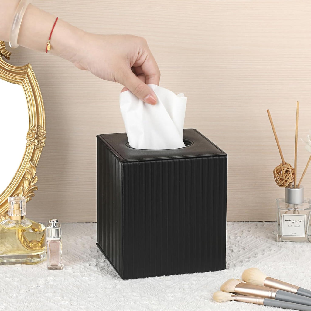 Sumnacon PU Leather Tissue Box Cover Modern Square Tissue Box Holder with Magnetic Closure Decorative Tissue Dispenser Stripes Textured Tissue Holder for Bathroom Car Home Office, Black