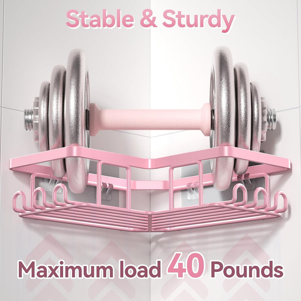 YASONIC Corner Adhesive Shower Caddy, with Soap Holder and 12 Hooks, Rustproof Stainless Steel Bathroom Organizer, No Drilling Wall Mounted Rack, Pink, 3-Pack