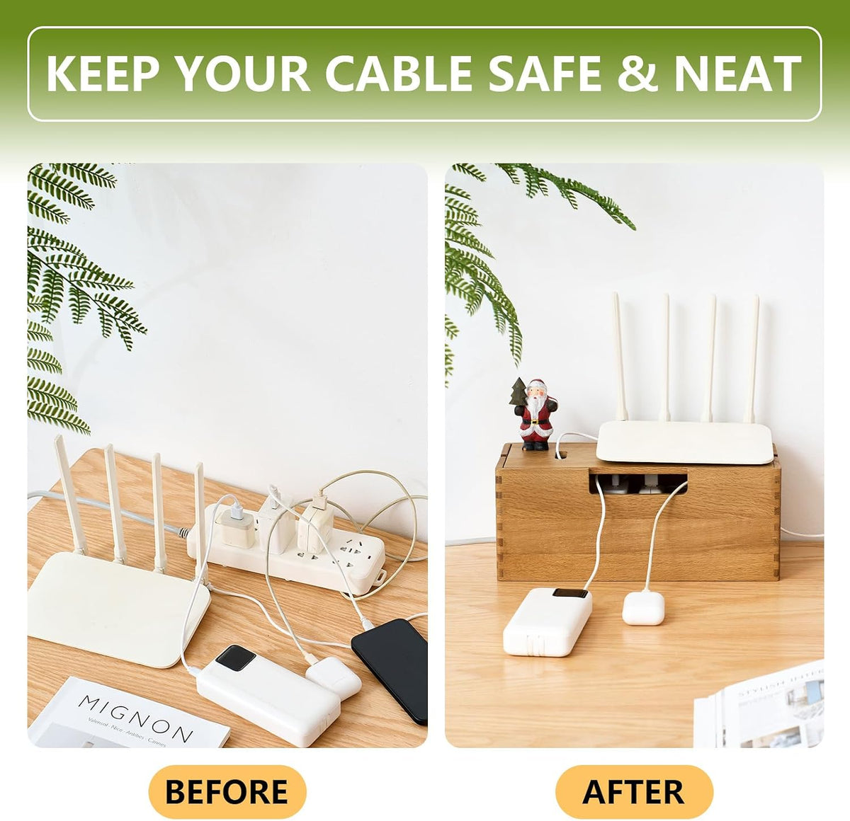 Oak Wood Cable Management Box - Large Cord Hider & Organizer with Magnetic Lid for Desk & Floor Cables in Home Office, Living Room, Bedroom (Natural)