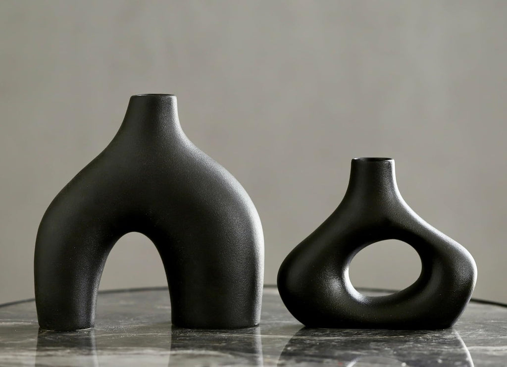 Carrot's Den Black Ceramic Modern Vase Set of 2, Donut Shelf Decor, Black