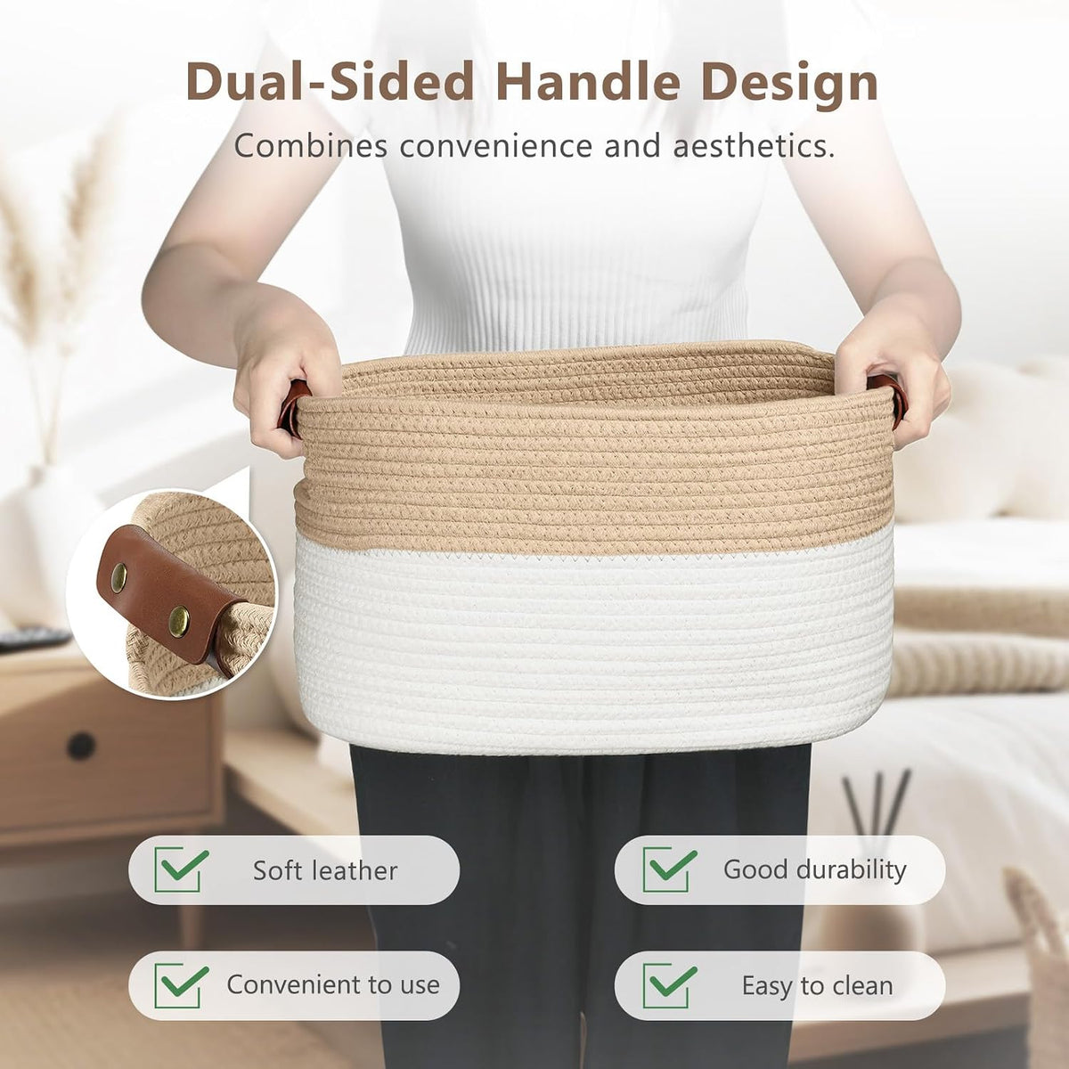 ECDYQXVU 15x10x9 Woven Cotton Rope Storage Basket, Leather Handles 1 Pack