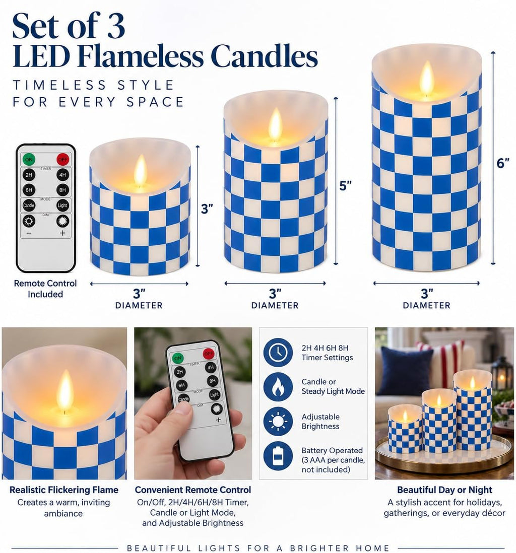 Flickering Flameless Wax Coated Candles: Set of 3 Battery-Operated LED with Remote with Timer (Blue Check)