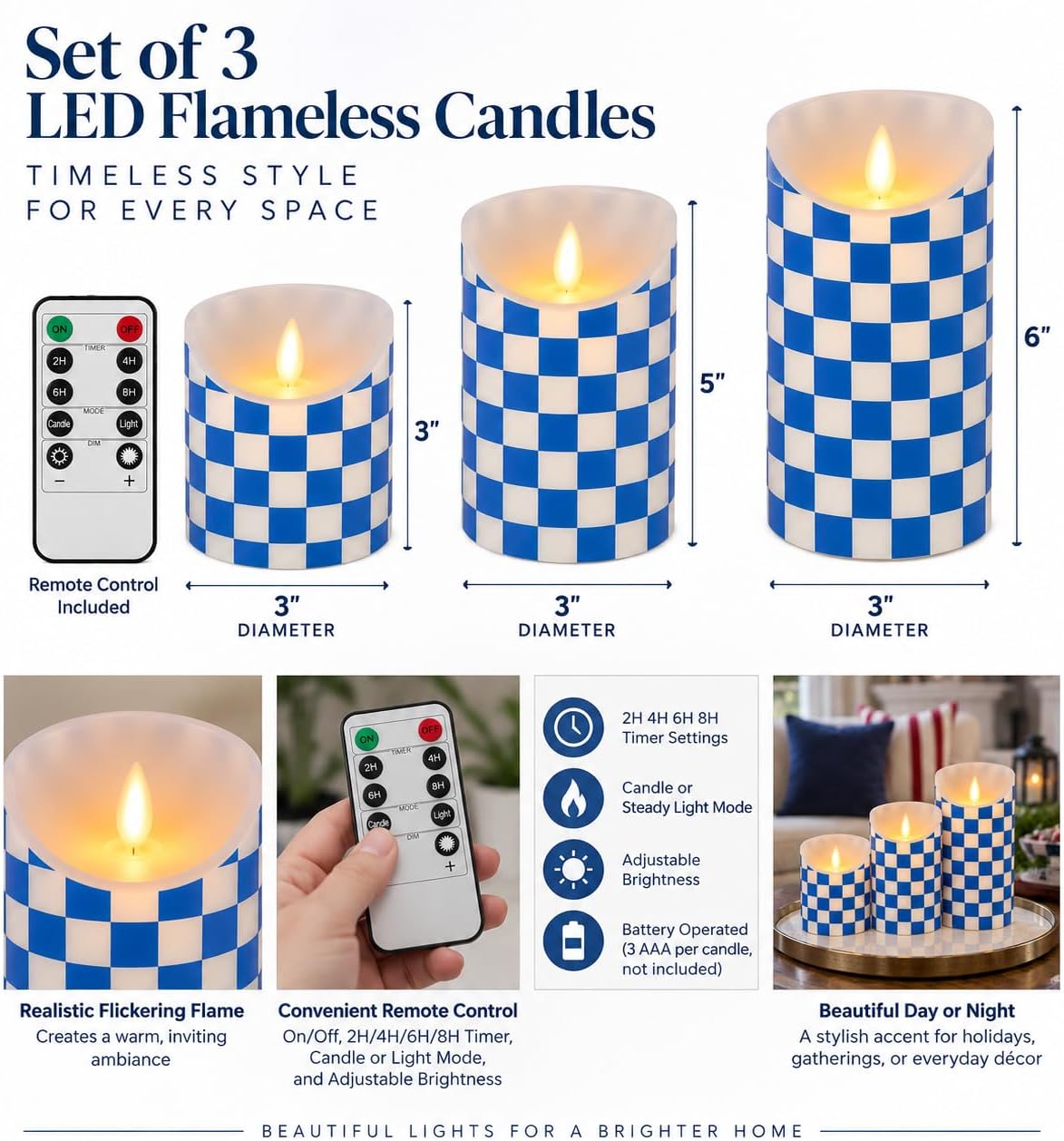 Flickering Flameless Wax Coated Candles: Set of 3 Battery-Operated LED with Remote with Timer (Blue Check)