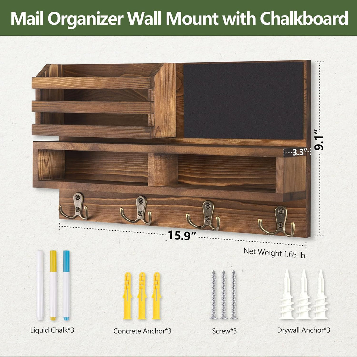 Key Holder for Wall, Wall Mounted Mail Holder Wooden with Shelf & 3 Liquid Chalks & Chalkboard, Mail Sorter Organizer, Rustic Home Decor (15.98”W x 9.1”H x 3.3”D), Burnt Brown