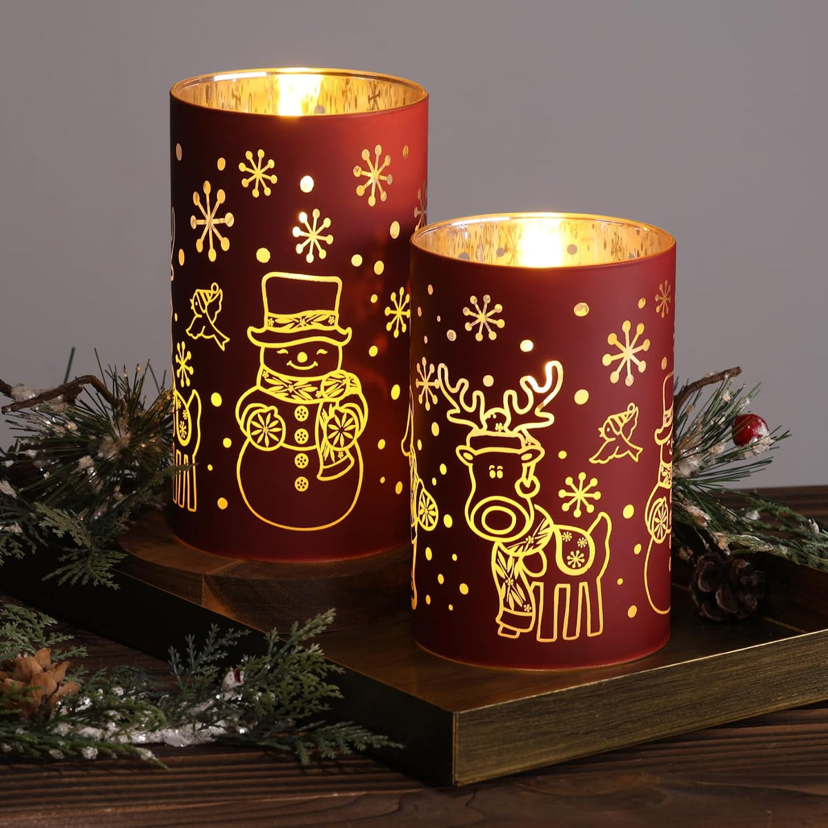 Eywamage Burgundy Glass Flameless Pillar Candles with Remote Set of 2