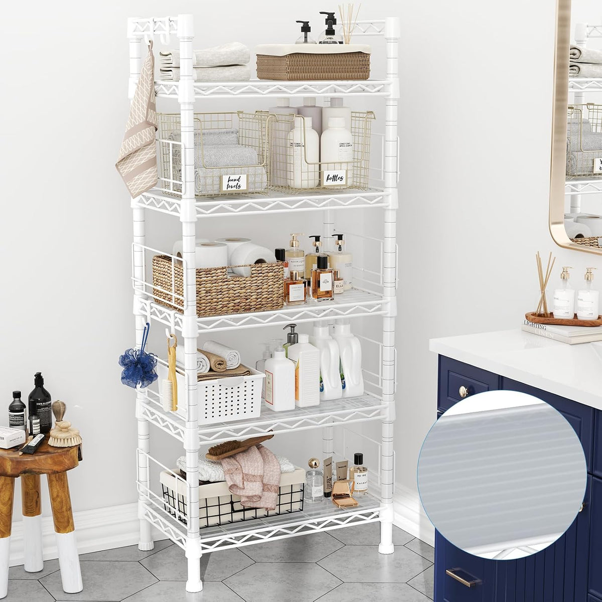 FUTASSI Metal Storage Rack, Storage Organizer Shelves for Kitchen, Bathroom, Living Room, Balcony and Garage, 5 Tiers Narrow Bookshelf, 21.2" W x 9.4" D x 59.2" H, Load 400lbs, White