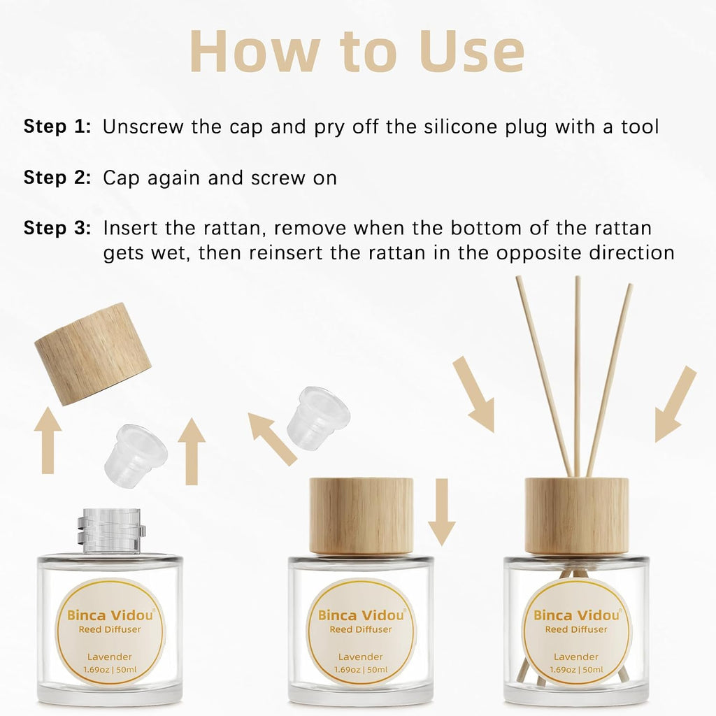 Reed Diffuser Set, Binca Vidou Lavender Orange & Lemon Natural Scent Oil Diffusers with Sticks for Home Office Bathroom Aromatherapy Decor 1.69oz x 2