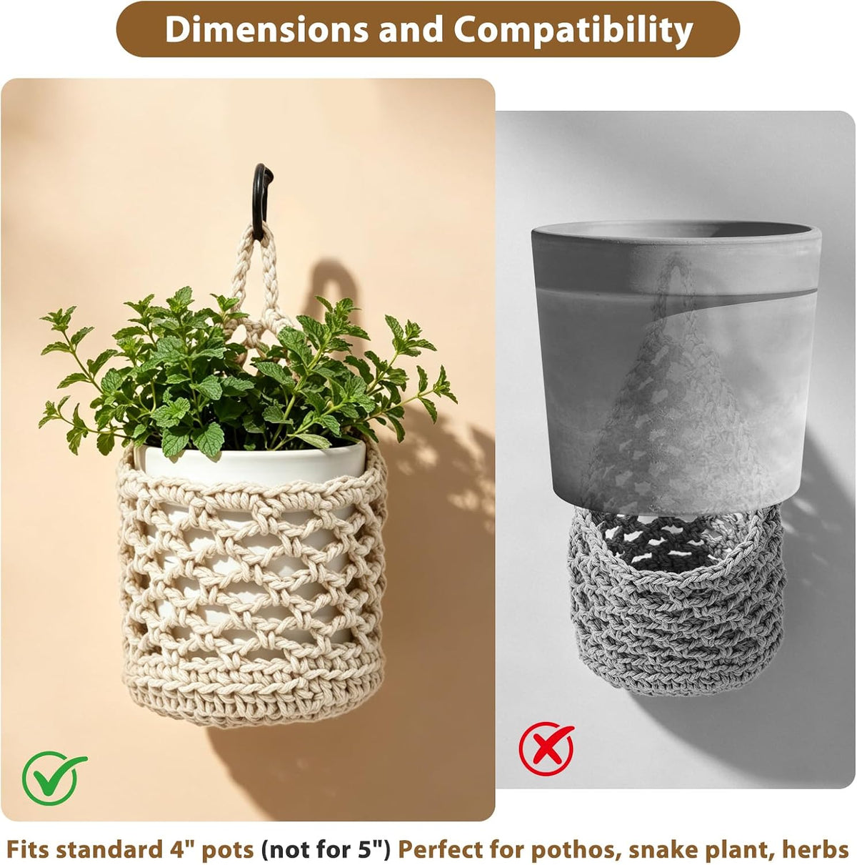 4-Pack 5-Inch Macrame Wall Plant Hangers Fits 4–5" Pots Up to 5" Tall Natural Cotton Hanging Planter Baskets for Indoor Plants, Boho-Style Woven Plant Baskets for Walls White