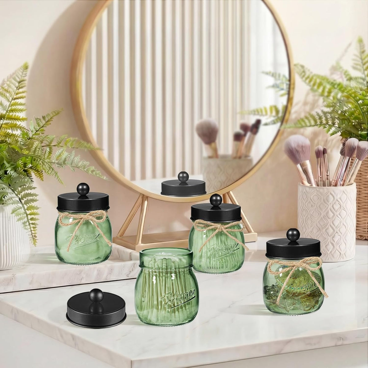 SheeChung Green Glass Mason Jar Qtip Holder Dispenser with Black Metal Lid