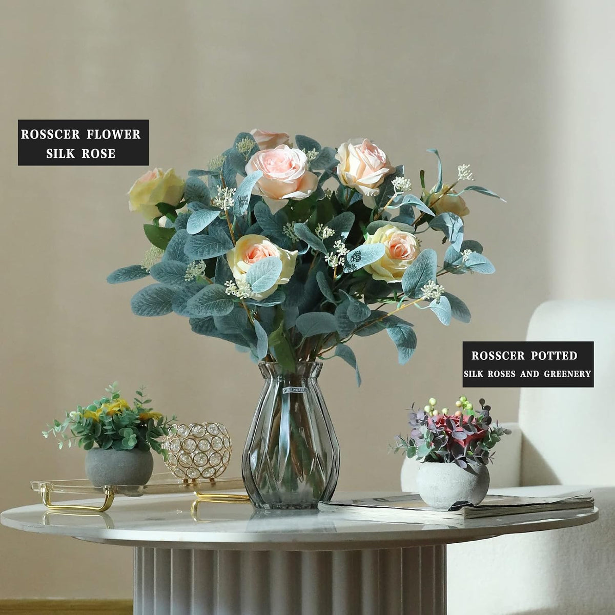 Sky Blue Artificial Eucalyptus Stems, 12Pcs 20" Branches with Beige Berries