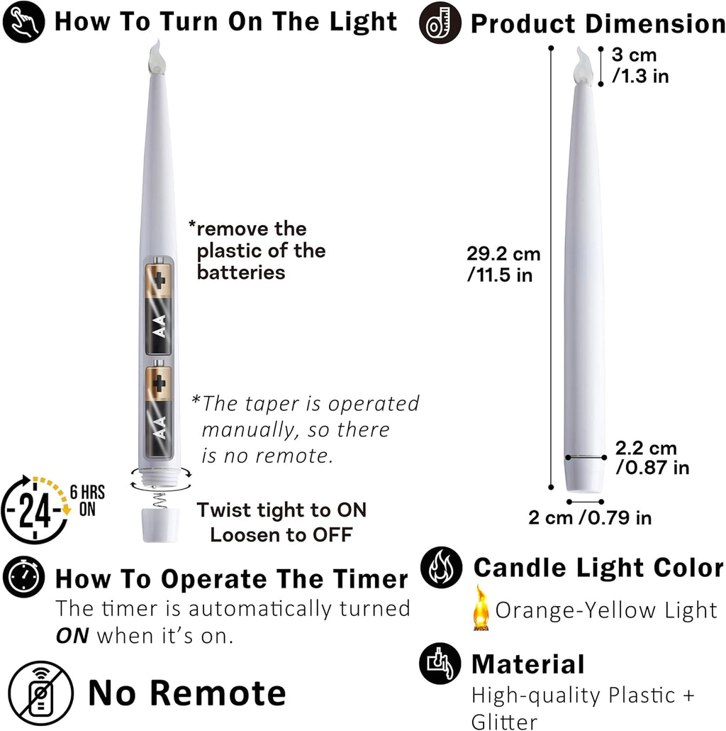FURORA LIGHTING Gold Glitter LED Taper Candles, 12-Pack with 6/18 Timer