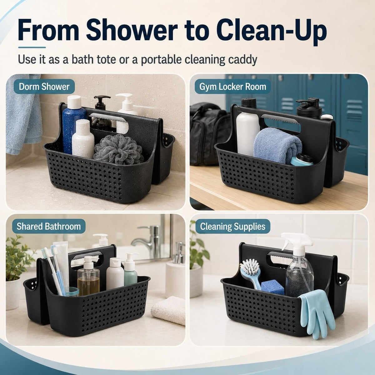 NINU Black Portable Shower Caddy Basket, 2-Compartment Storage Organizer