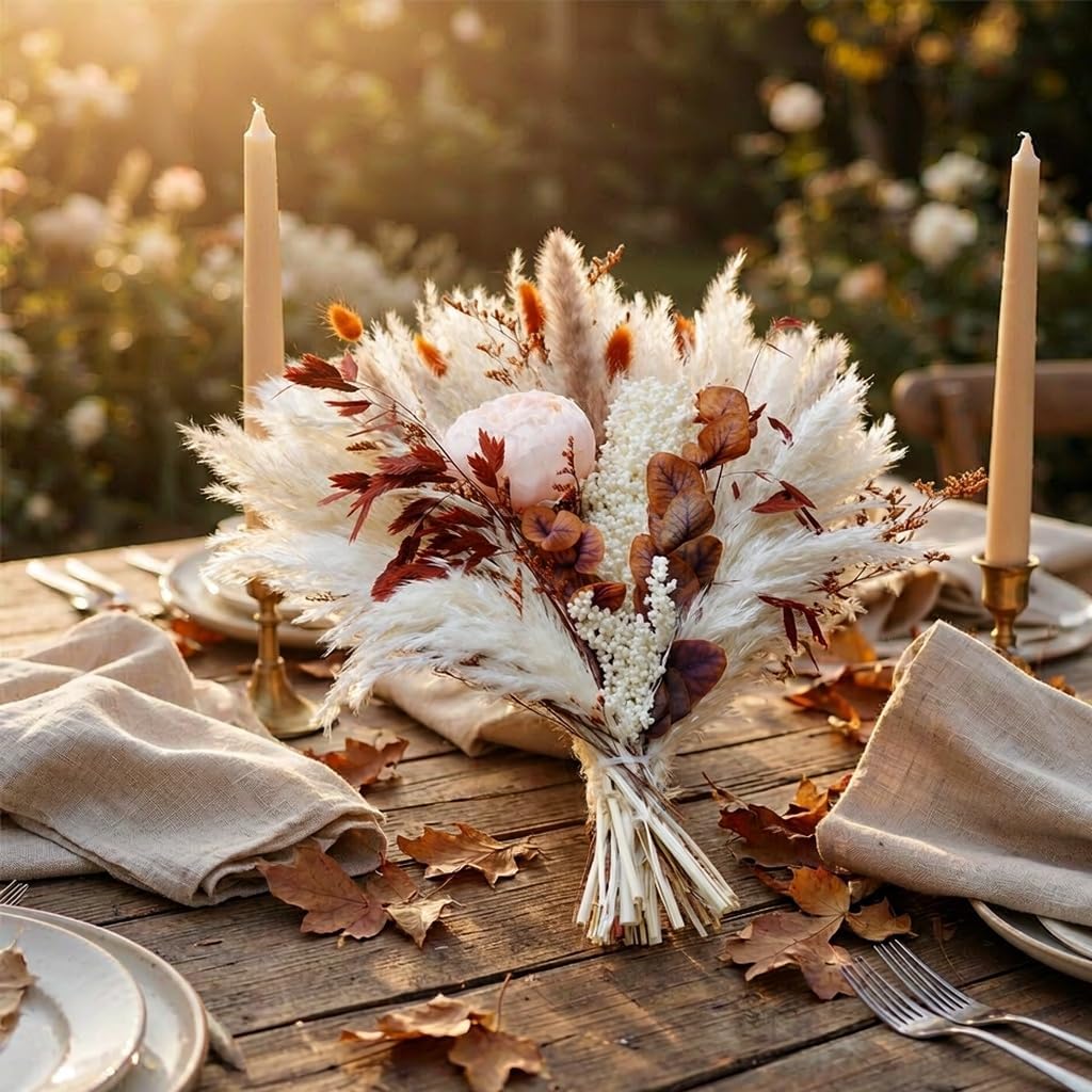 Dried Pampas Grass Bouquet with Faux Peony, Fall Flowers Decor