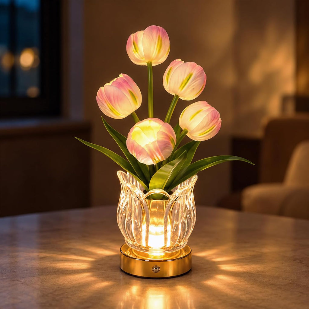 Flower Table Lamp, 3 Color Tulip Night Light, Rechargeable Cordless Touch Dimming Artificial Flower Light, LED Flower with Glass Vase Lamp for Girl Women Mom (Pink 5 Tulip)