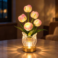 Flower Table Lamp, 3 Color Tulip Night Light, Rechargeable Cordless Touch Dimming Artificial Flower Light, LED Flower with Glass Vase Lamp for Girl Women Mom (Pink 5 Tulip)