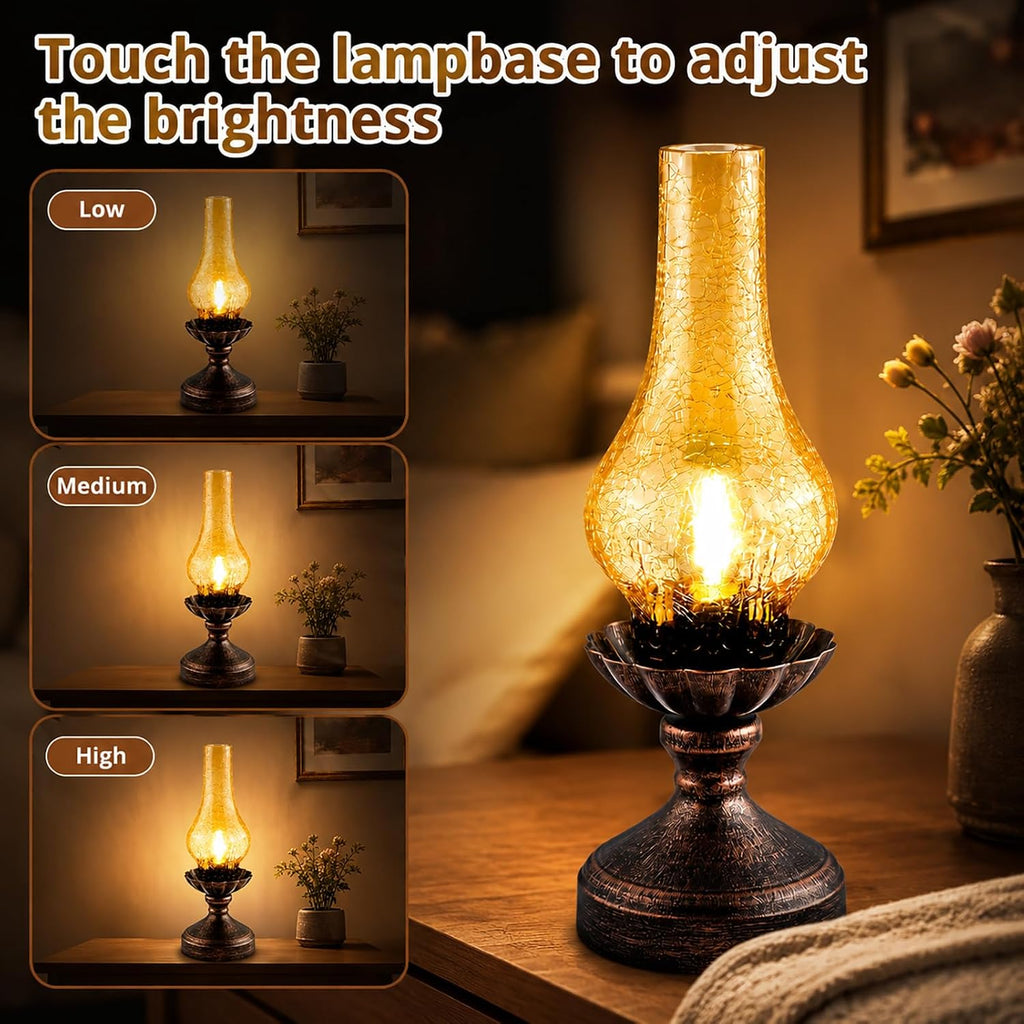Vintage Table Lamp,Touch Control & 3-Way Dimmable Rustic Retro Farmhouse Bedside Lamp with Amber Glass Shade and LED Bulb for Bedroom, Living Room, Cabin, Office