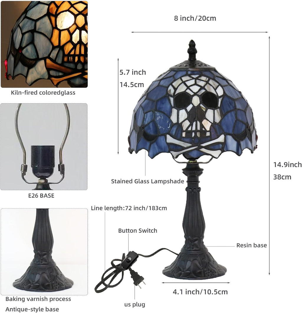 Tiffany Style Table Lamp,Stained Glass Skull Desk Lamp(8x8x15inch)