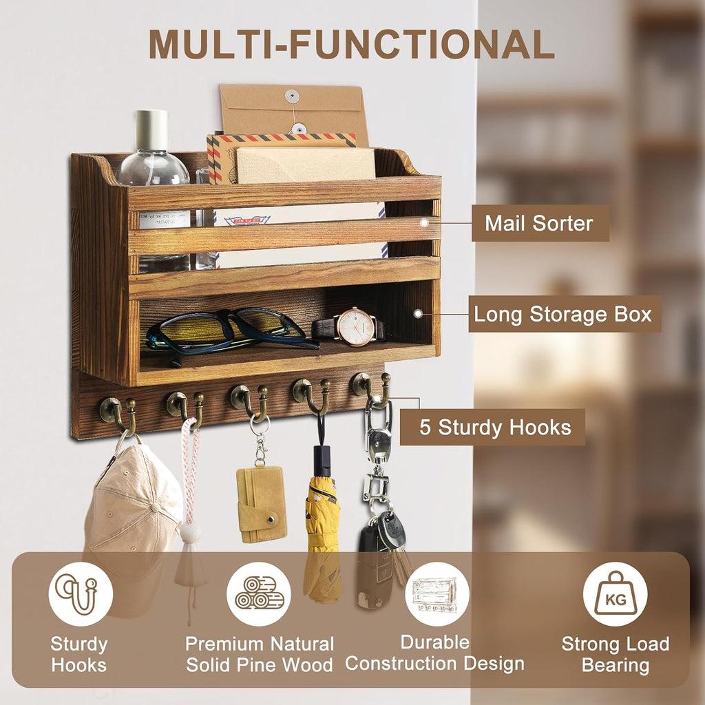 Key Holder Wall Mount with Mail Organizer, 5 Key Hooks, Brown