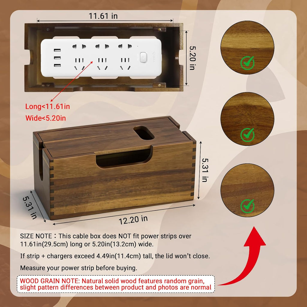 Wood Cable Management Box, Cord Hider Organizer for Power Strip
