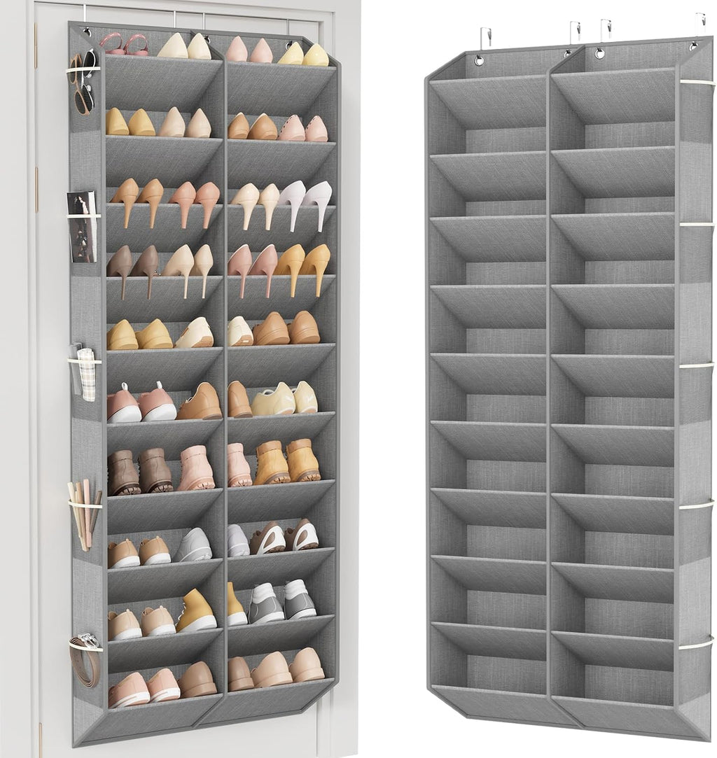 LANTEFUL Over the Door Shoe Organizer, Hanging Shoe Rack for Closet Door Shoe Storage for 30 Pairs Sneaker and Boots, Large Shoe Holder for Door with 10 Side Pockets, Space Saving, Grey