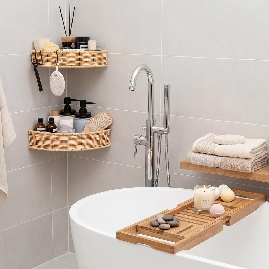 GRANNY SAYS Wicker Corner Shower Caddy Adhesive, Shower Organization