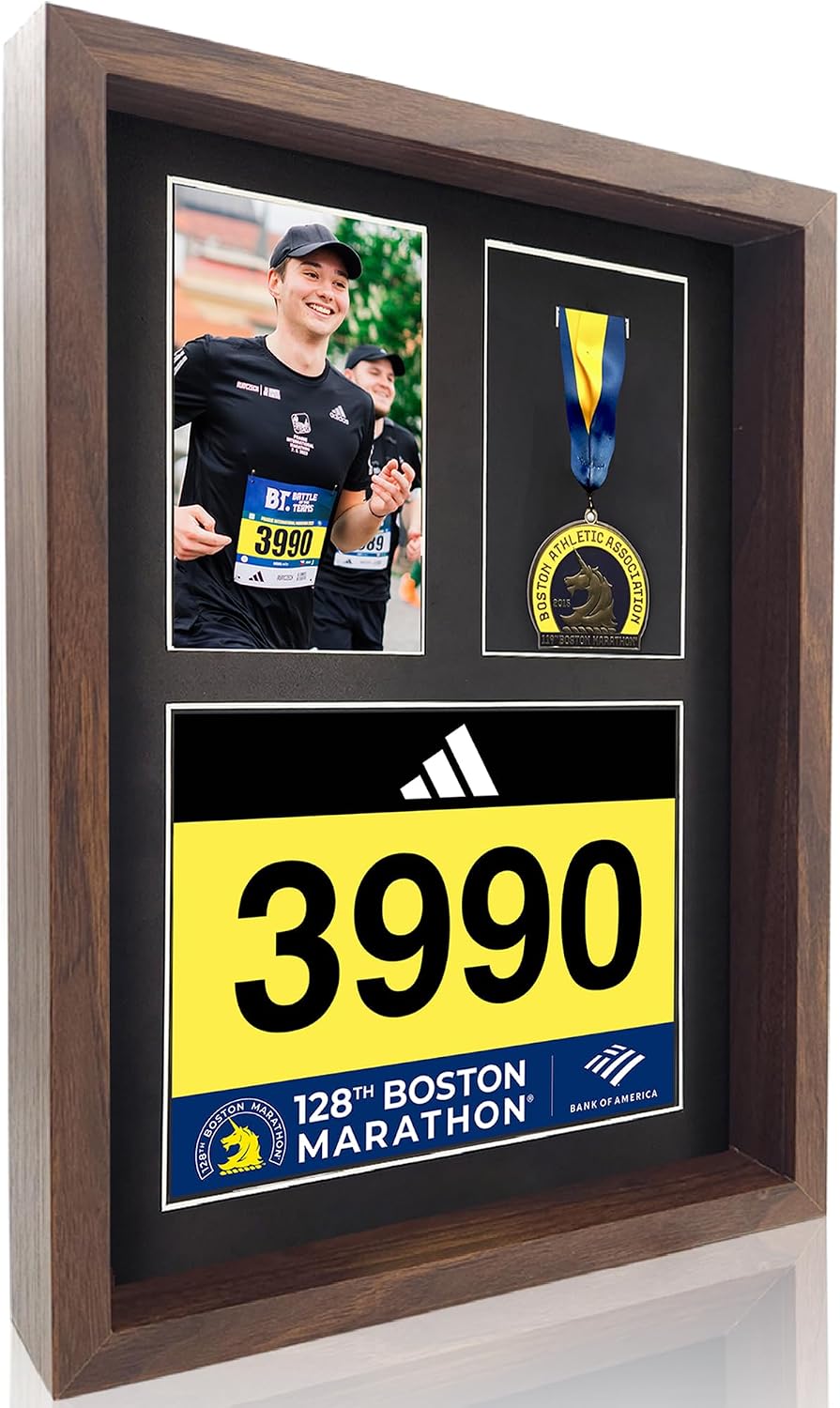 3-in-1 Shadow Box Display with Real Glass (Medal, Race Bibs, and Photo Display) – Marathon Medal Display and Frame, Triathlon & Running Bib Holder, Wall-Mounted, Real Tempered Glass- Walnut