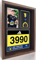 3-in-1 Shadow Box Display with Real Glass (Medal, Race Bibs, and Photo Display) – Marathon Medal Display and Frame, Triathlon & Running Bib Holder, Wall-Mounted, Real Tempered Glass- Walnut