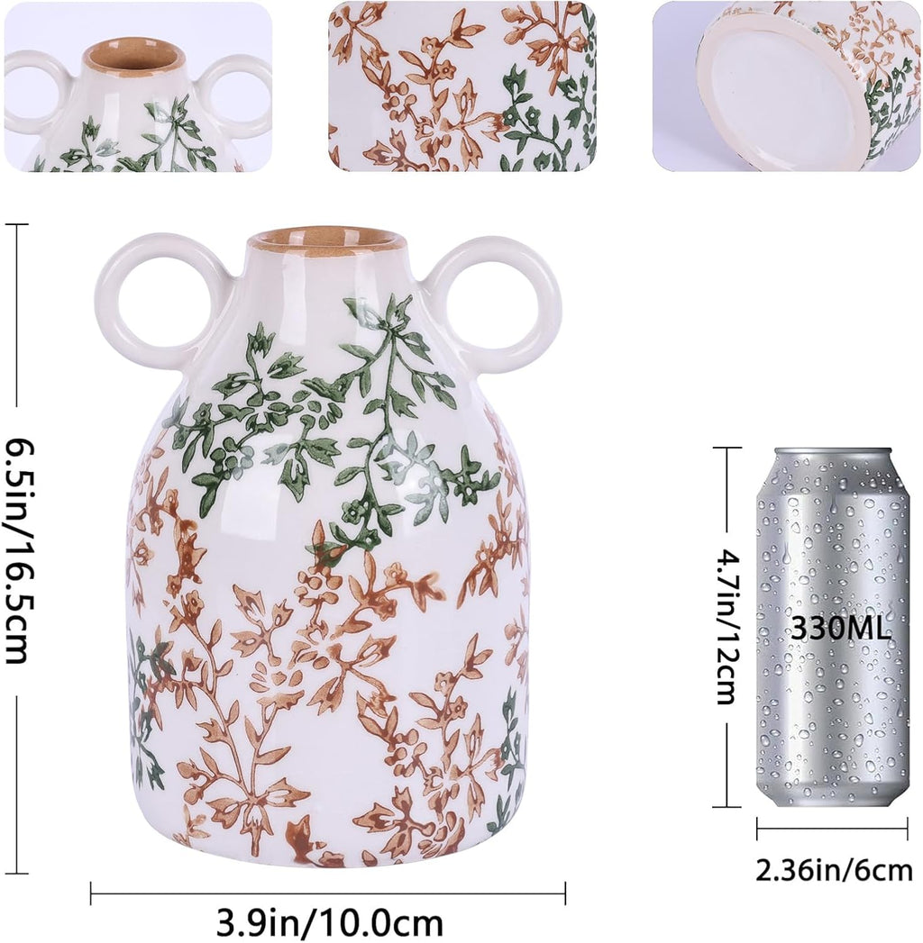 Green Floral Ceramic Vase with Handle, Nordic Boho Small Vases Side Table Flower Centerpiece, Wide Mouth Single Flower Vase Pampas Grass Decorative - for Home Window Sill Living Dining Room Kitchen