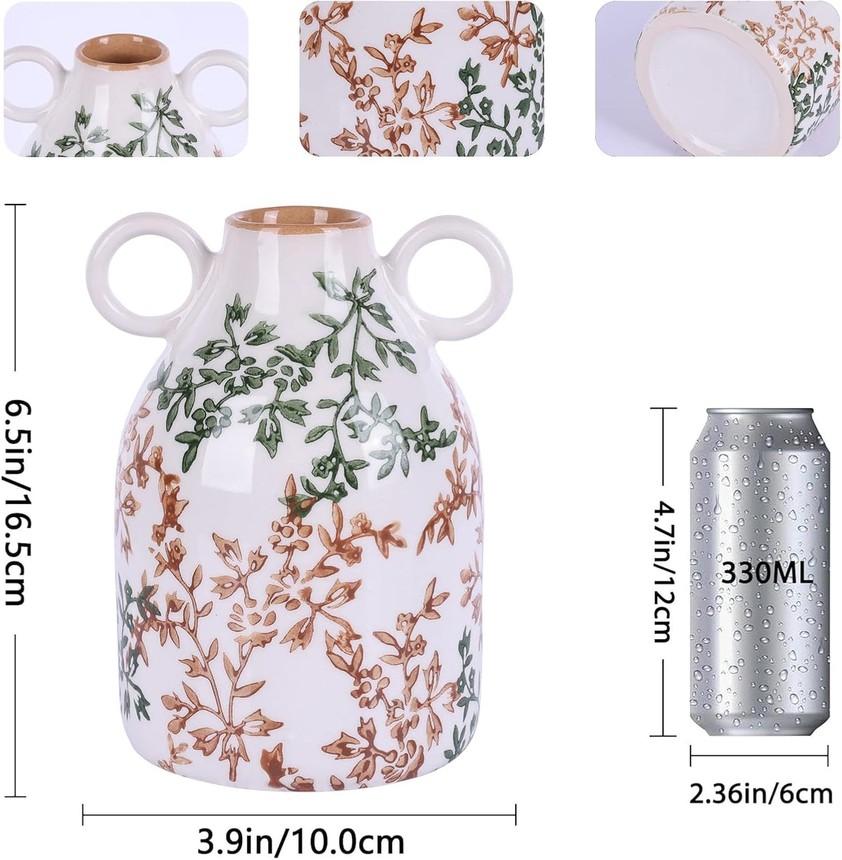 Green Floral Ceramic Vase with Handle, Nordic Boho Small Vases Side Table Flower Centerpiece, Wide Mouth Single Flower Vase Pampas Grass Decorative - for Home Window Sill Living Dining Room Kitchen