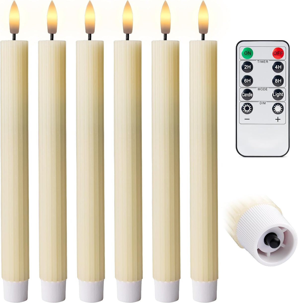 10" Fluted Ribbed LED Ivory Grooved Real Wax Taper Candles, Remote & 24h Timer Memory, On/Off Switch - Flameless Dimmable Battery Operated w/Flicker Mode, Home Wedding Decor (6 Pack)