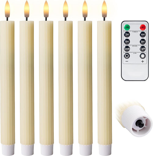 10" Fluted Ribbed LED Ivory Grooved Real Wax Taper Candles, Remote & 24h Timer Memory, On/Off Switch - Flameless Dimmable Battery Operated w/Flicker Mode, Home Wedding Decor (6 Pack)
