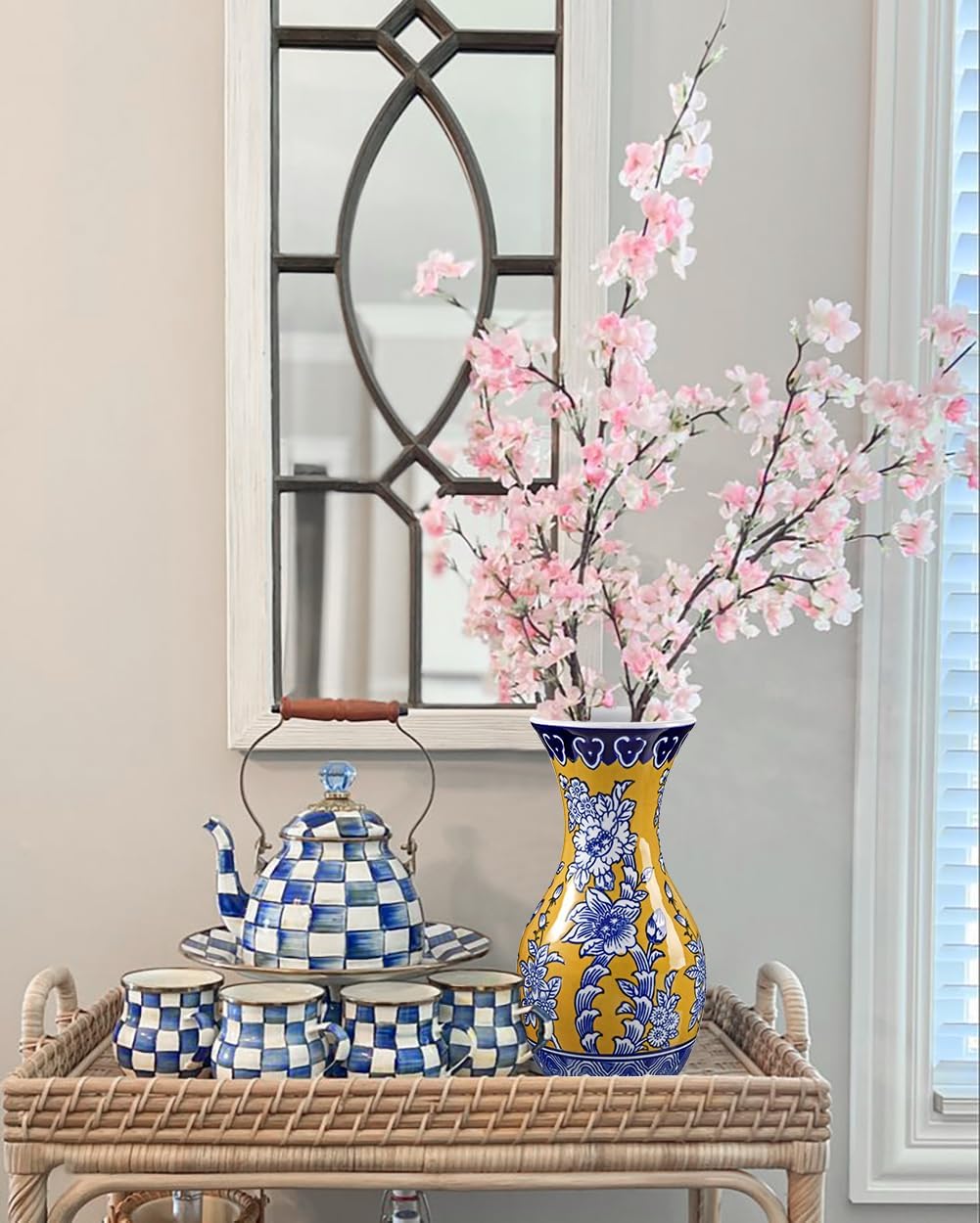 Blue and Yellow Ceramic Vase 11" Chinoiserie Flower Vase in Wide Mouth