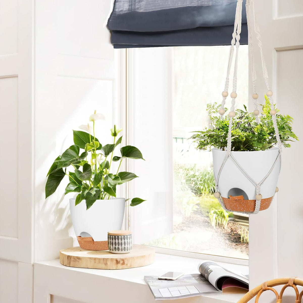 GARDIFE 8 Inch Hanging Planters with Macrame Plant Hanger for Indoor and Outdoor Plants, 2 Pack Large Self Watering Hanging Plant Pot with Basket Flower Pot with Drainage Hole, White