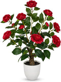 Hollyone Red Artificial Camellia Tree 23.6" Flower Plants Artificial Tree Small Faux Camellia Plant in Pot Greenery Potted Plant for Indoor Outdoor Porch Front Door Office Home Decor