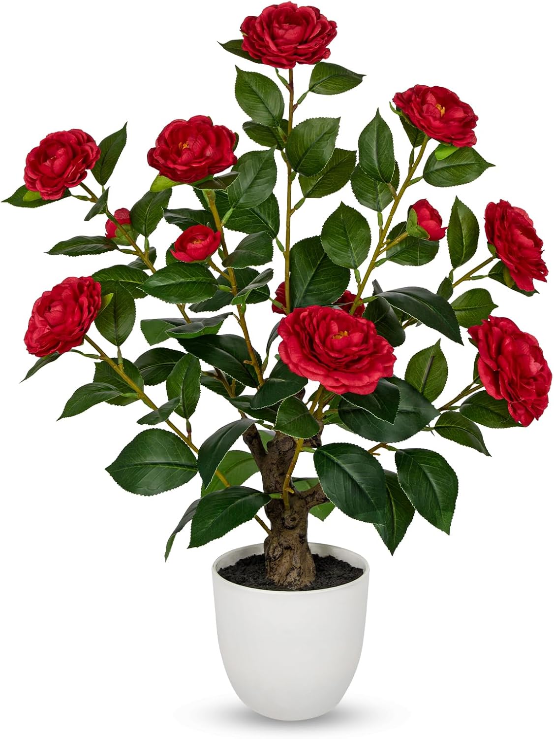 Hollyone Red Artificial Camellia Tree 23.6" Flower Plants Artificial Tree Small Faux Camellia Plant in Pot Greenery Potted Plant for Indoor Outdoor Porch Front Door Office Home Decor