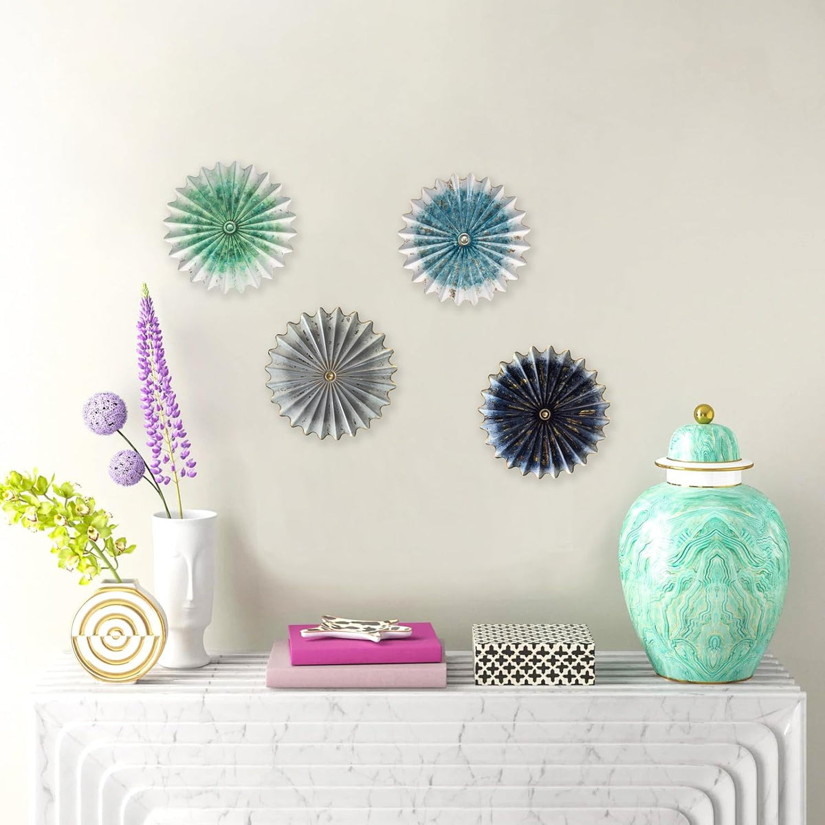 Metal Wall Flower Art Decor,13.6'' 3D Gradual Blue Floral Sculpture