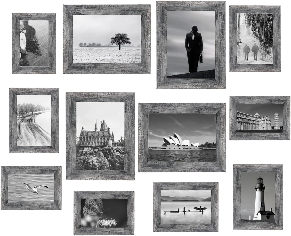xnlkros 12 Pack Assorted Picture Frames Collage Wall Decor Gallery Frame Set - 8x10, 5x7, 4x6 Farmhouse Wood Photo Frames for Living Room Wall or Tabletop Display, Rustic Black