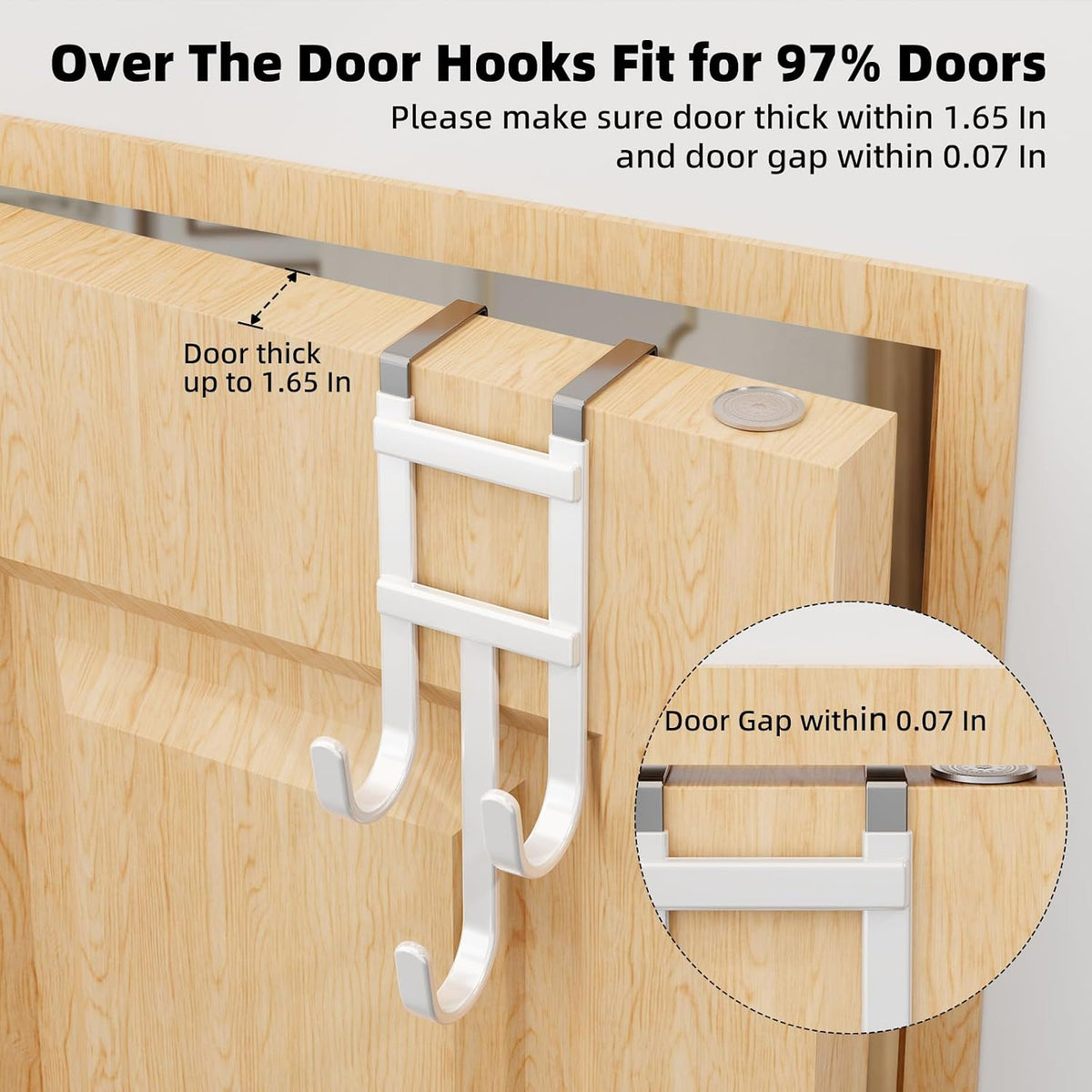 2 Packs Over-the-Door Hooks, Fits 1 1/2 Inch Interior Doors, No Installation Required, 100 Lb Heavy Duty with Rubber Anti-Scratch, Space-Saving Hangers for Bathroom, Bedroom, Kitchen, Office, White