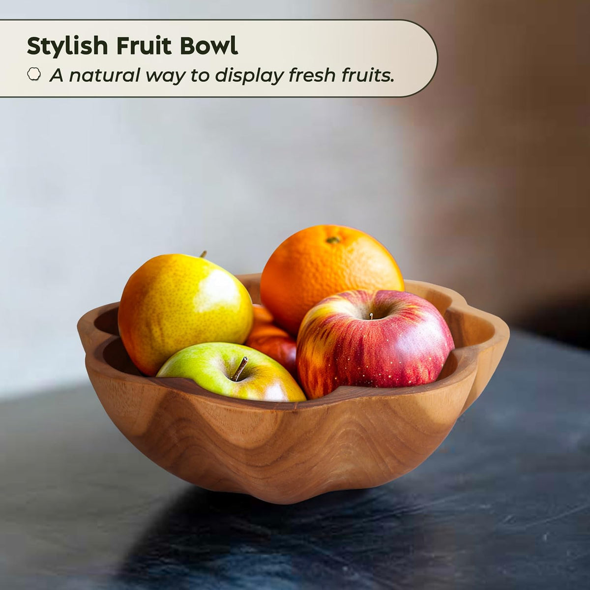 Wooden Bowl for Kitchen Counter, Decorative Fruit Bowl, Teak Wood Decor
