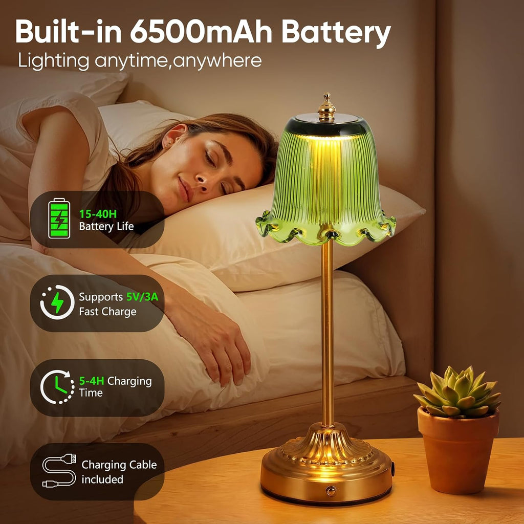 Cordless Glass Table Lamp,6500mAh Portable Rechargeable Lamps,3 Color Modes & Stepless Dimmable,Gold Battery Operated Small Touch Lamp for Bedside,Kitchen,Living Room,Restaurant Outdoor