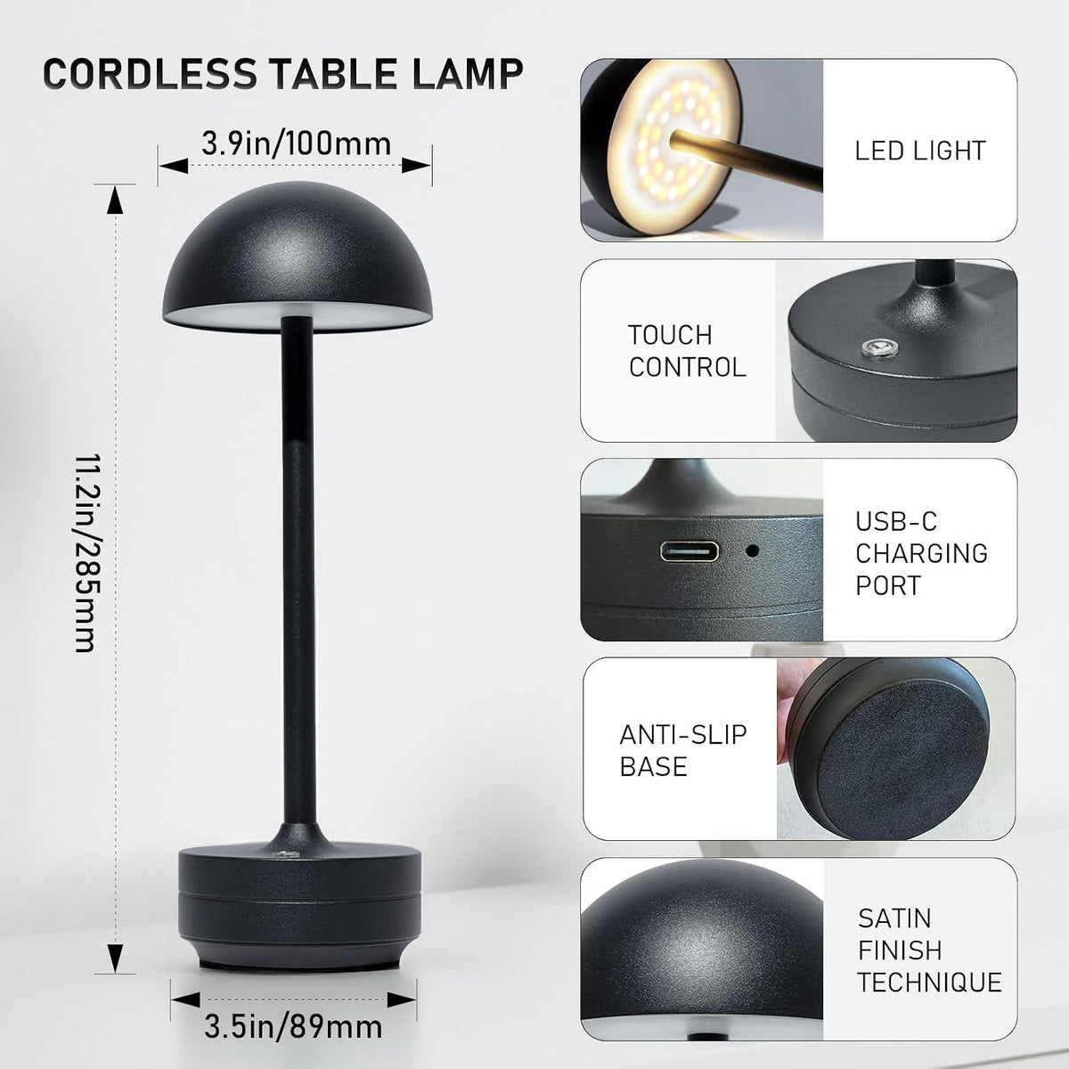 LED Cordless Table Lamp 5000mAh Rechargeable Battery Light Black