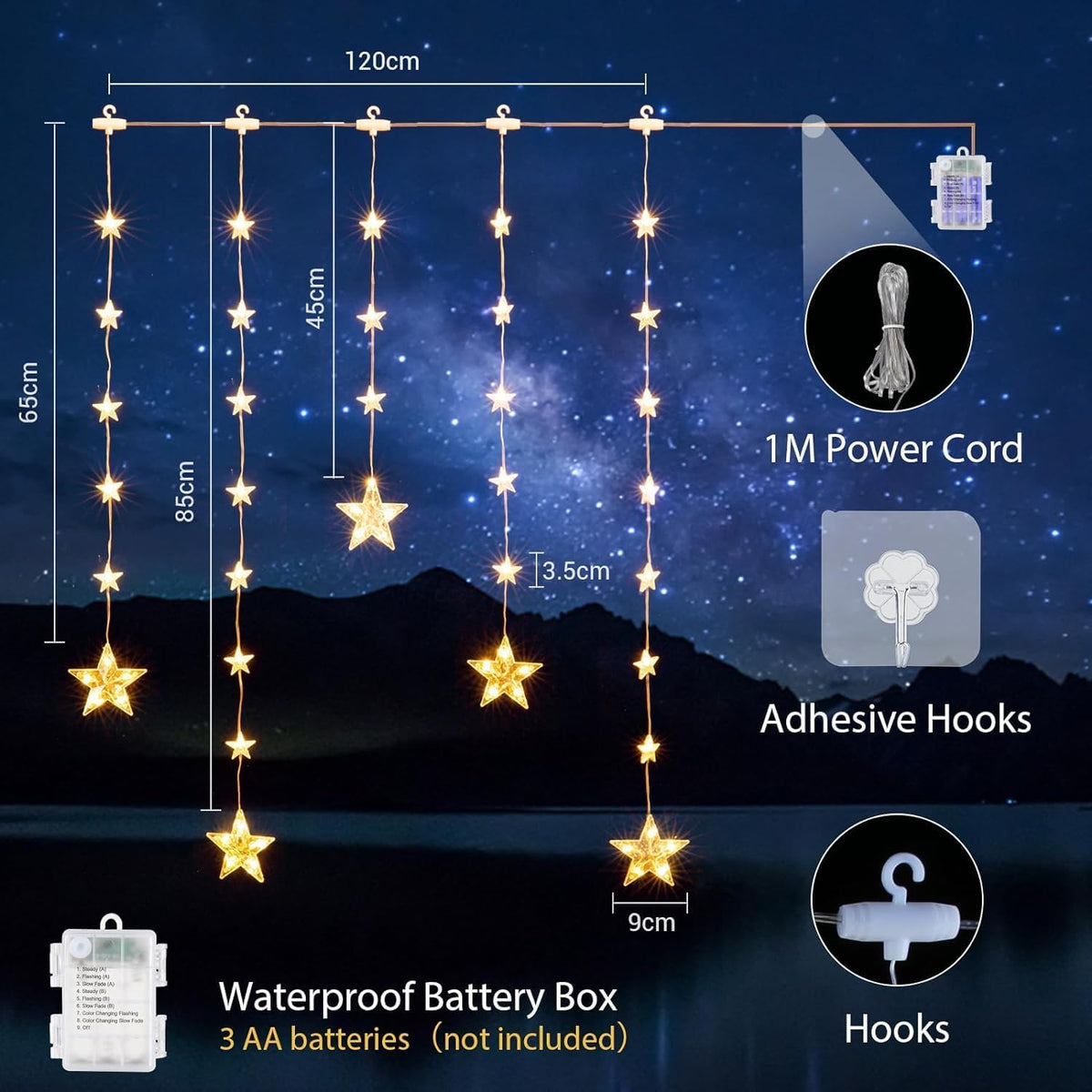 Marchpower Christmas Stars Curtain Lights Battery Operated,32 Stars Warm White Multicolored Color Changing Star Window Lights with Timer & Memory Function 8 Flash Modes, IP65 Waterproof Lights