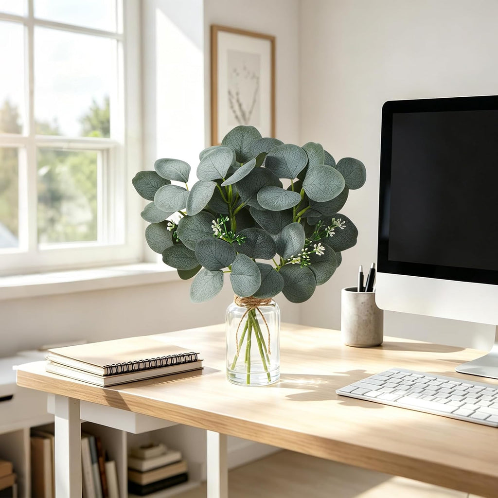 Artificial Eucalyptus Stems In Glass Vase, Fake Plants with Faux Water