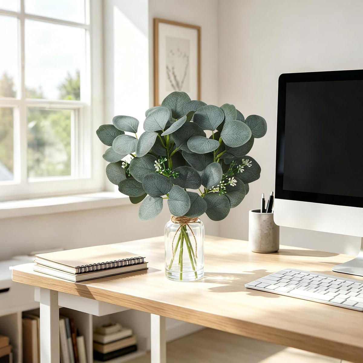 Artificial Eucalyptus Stems In Glass Vase, Fake Plants with Faux Water