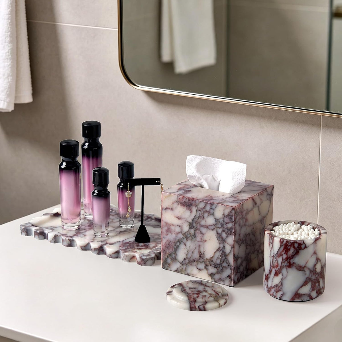 Luxury Natural Calacatta Viola Marble Qtip Holder with Lid – 3.9 Inch Round, Large Capacity Apothecary Jar for Cotton Swabs, Balls, Pads, Floss Picks, Bathroom Vanity Decor & Organizer