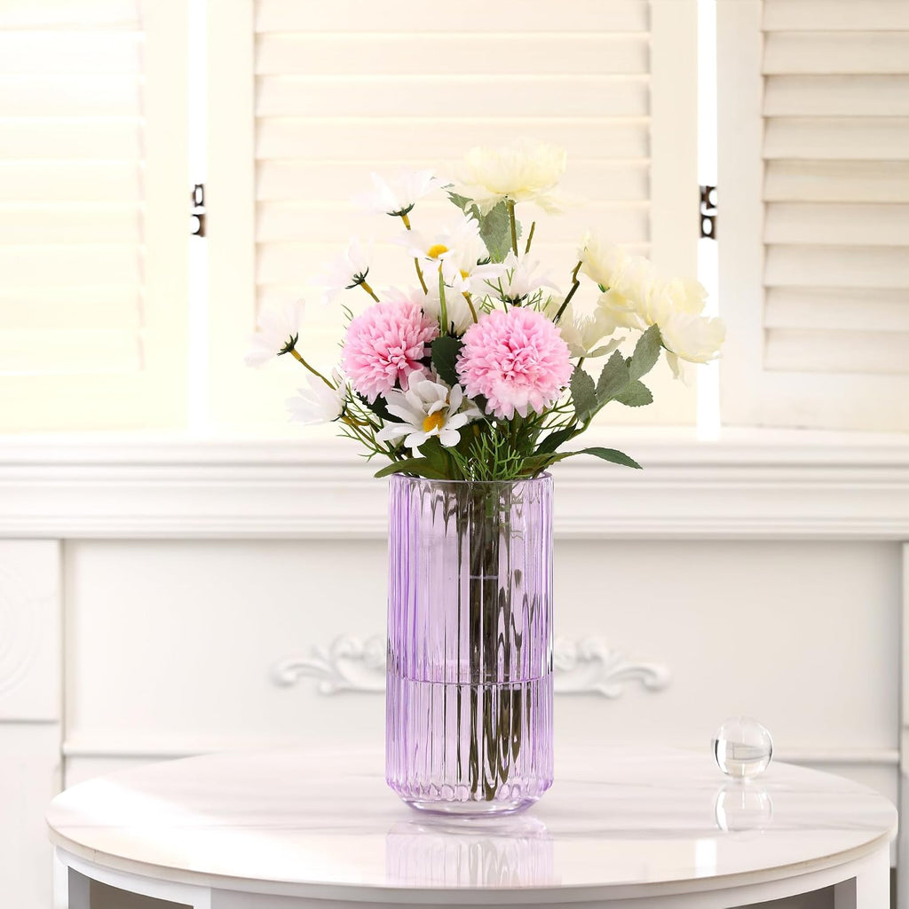 Ribbed Glass Vase,Flower Vase for Bouquet, Purple Glass Vases for Flowers, Modern Vases for Living Room, Bathroom, Dining Table, Office, Wedding, Centerpieces, 8 Inches