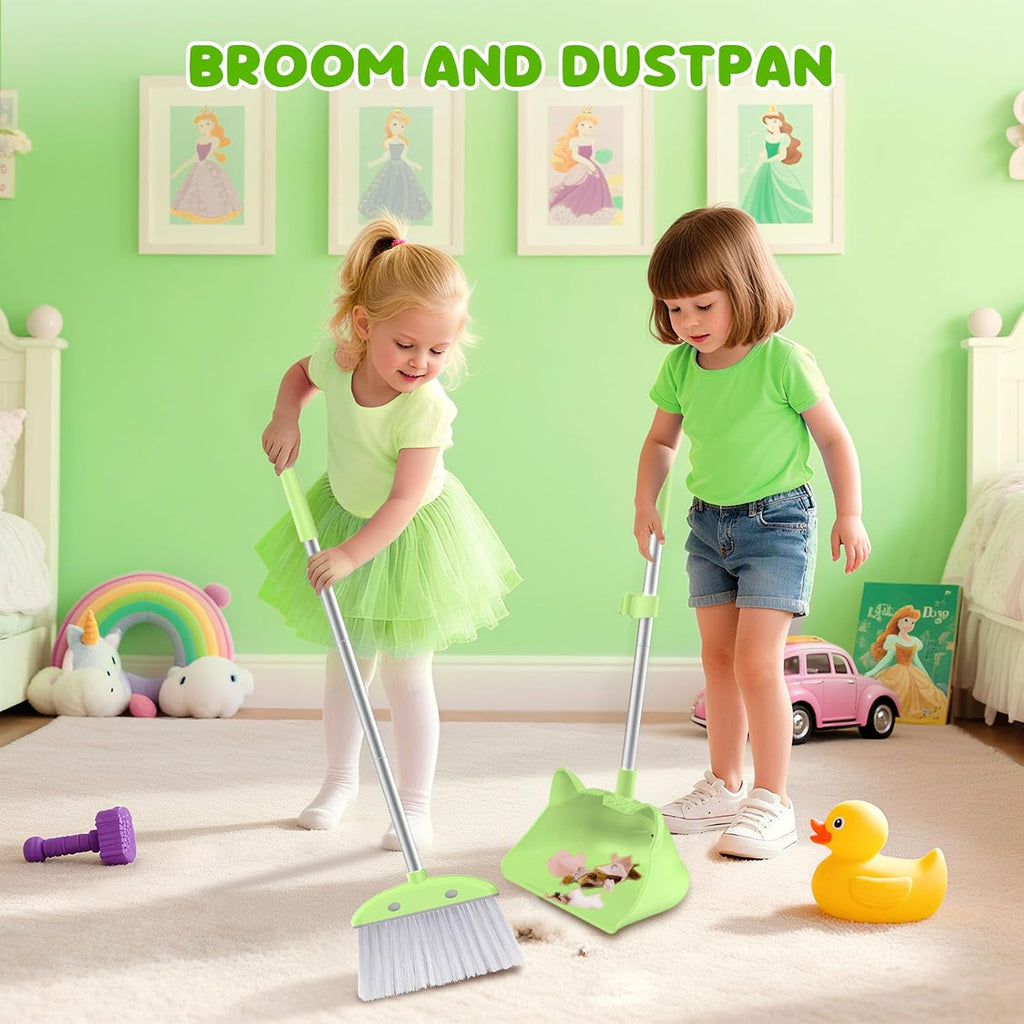 Mini Broom with Dustpan for Kids, 28-in Handle Kids Broom and Dustpan Set for Toddlers Cat-Shaped Children Cleaning Set Boys Girls Small Housekeeping Helper Set, Green