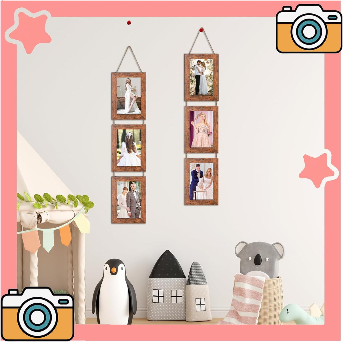 4x6 Rustic Brown Hanging Collage Picture Frames Set of 2, 3 Openings Collage Photo Frames Rustic Wooden Real Glass Vertical Hanging