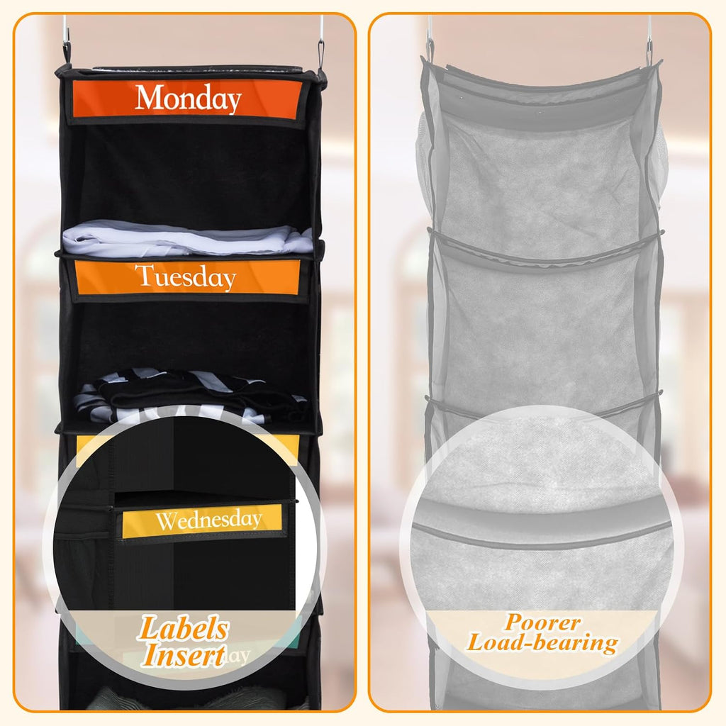 Amylove 2 Pcs 6 Shelf Hanging Weekly Clothes Organizer for Kid,Black,White