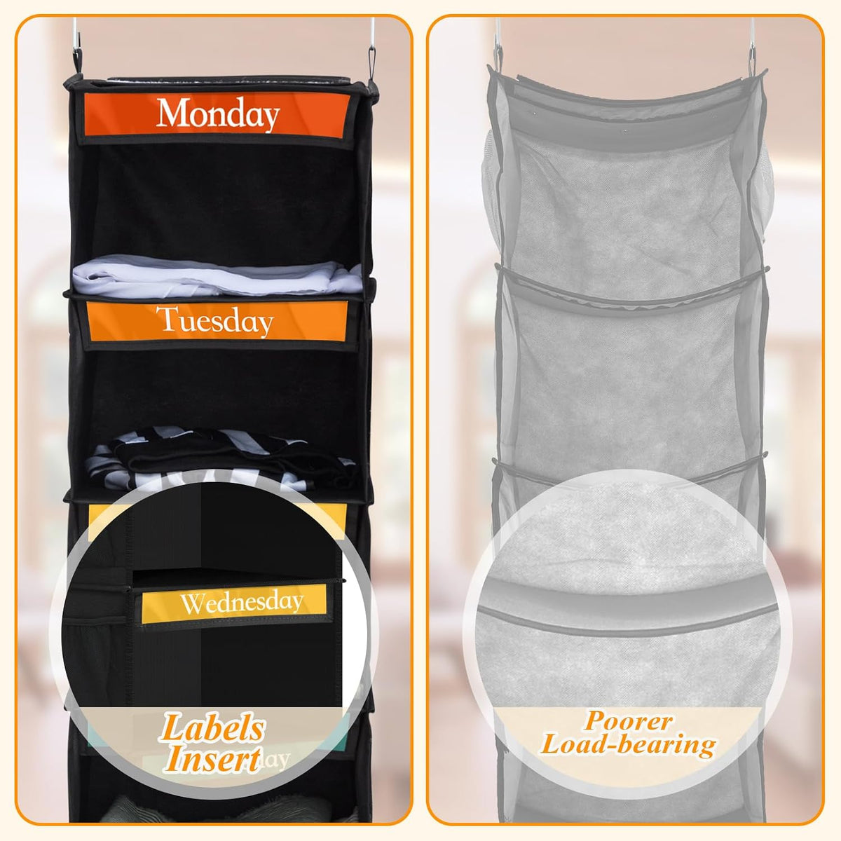 Amylove 2 Pcs 6 Shelf Hanging Weekly Clothes Organizer for Kid,Black,White
